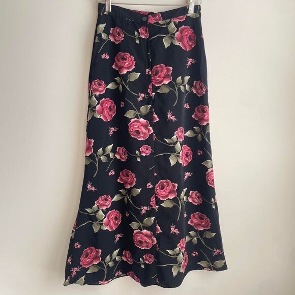 Vintage Maxi / Midi Skirt Size 7 Y2k Black Floral Roses - Picture 2 of 4